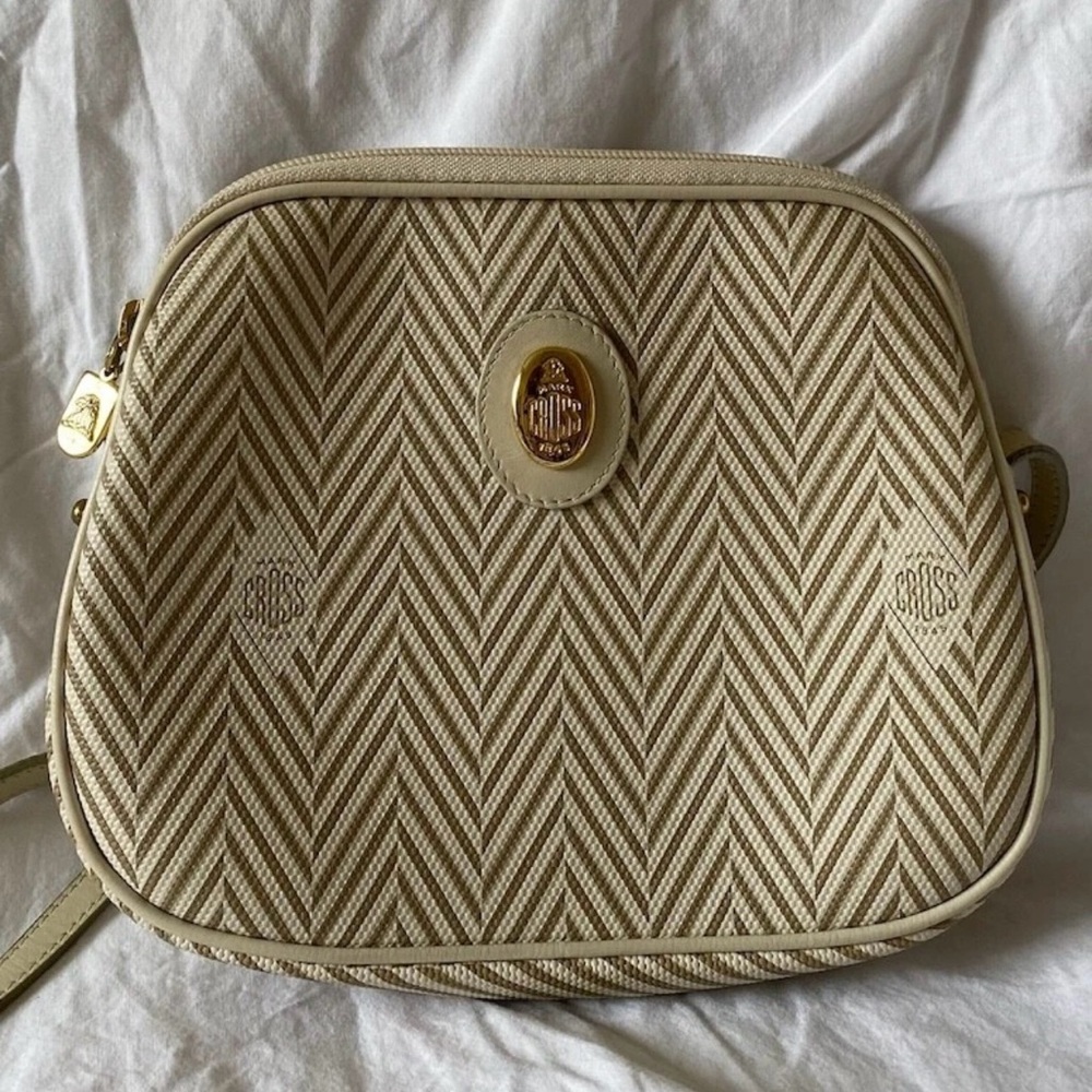 Vintage Mark Cross Chevron Mini Tan Beige Leather Crossbody Handbag with Strap